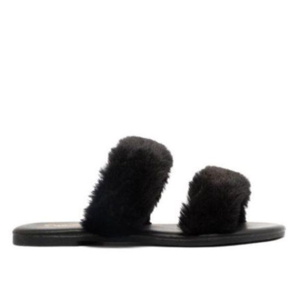 Black Faux Fur Double Band Slides - Picture 2 of 5
